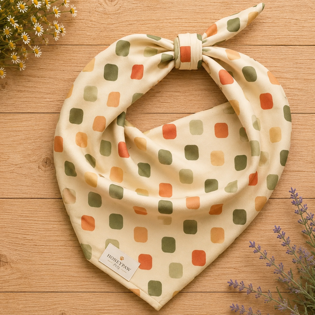 Harvest Tiles dog bandana featuring a cream geometric pattern in sage green, terracotta, and golden yellow by HoneyPaw Pets.