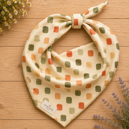 Harvest Tiles dog bandana featuring a cream geometric pattern in sage green, terracotta, and golden yellow by HoneyPaw Pets.