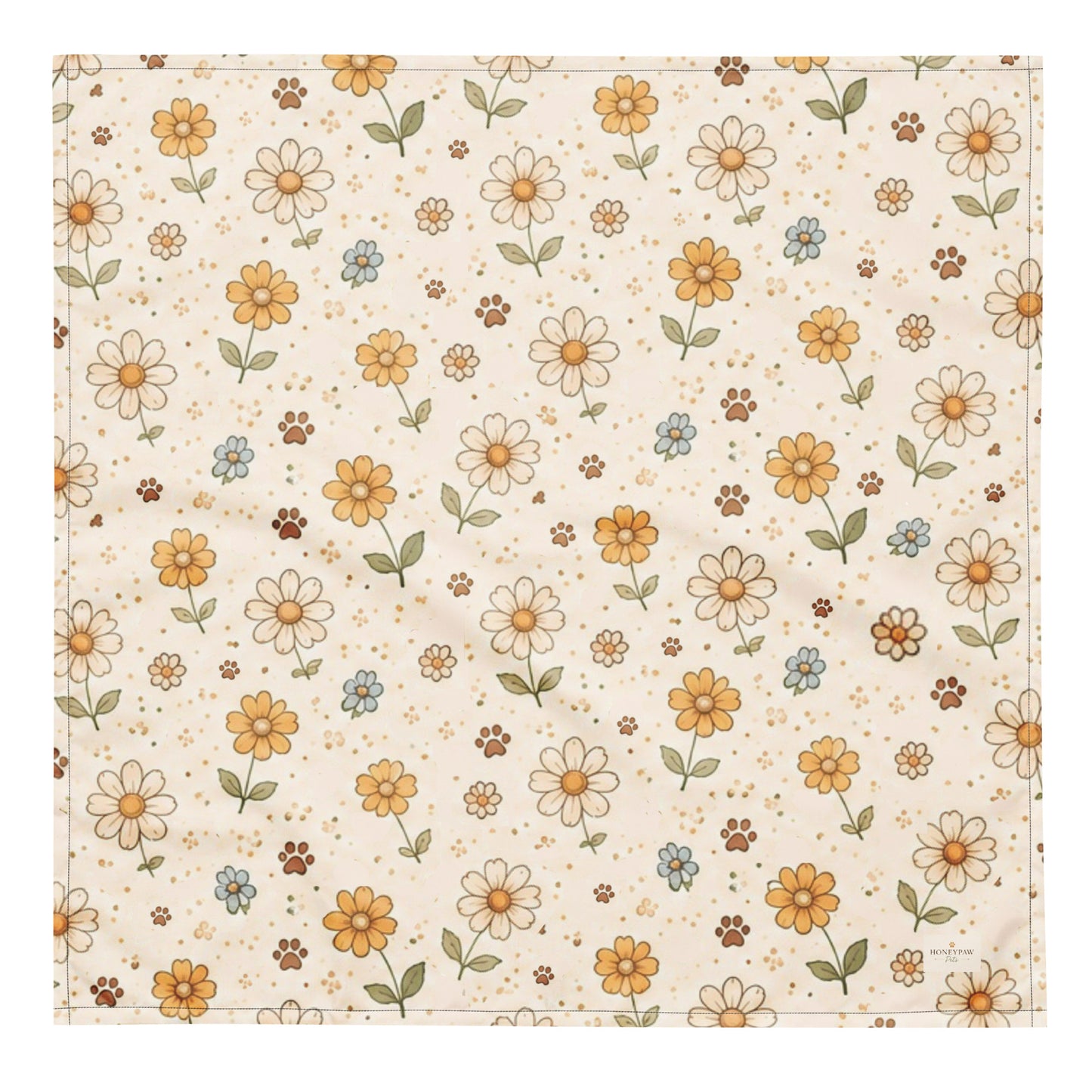 Honey Bloom dog bandana featuring a cream floral pattern in honey gold and soft sage by HoneyPaw Pets.