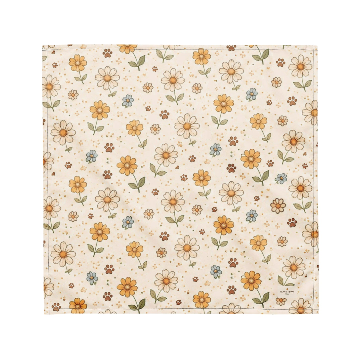 Honey Bloom dog bandana featuring a cream floral pattern in honey gold and soft sage by HoneyPaw Pets.