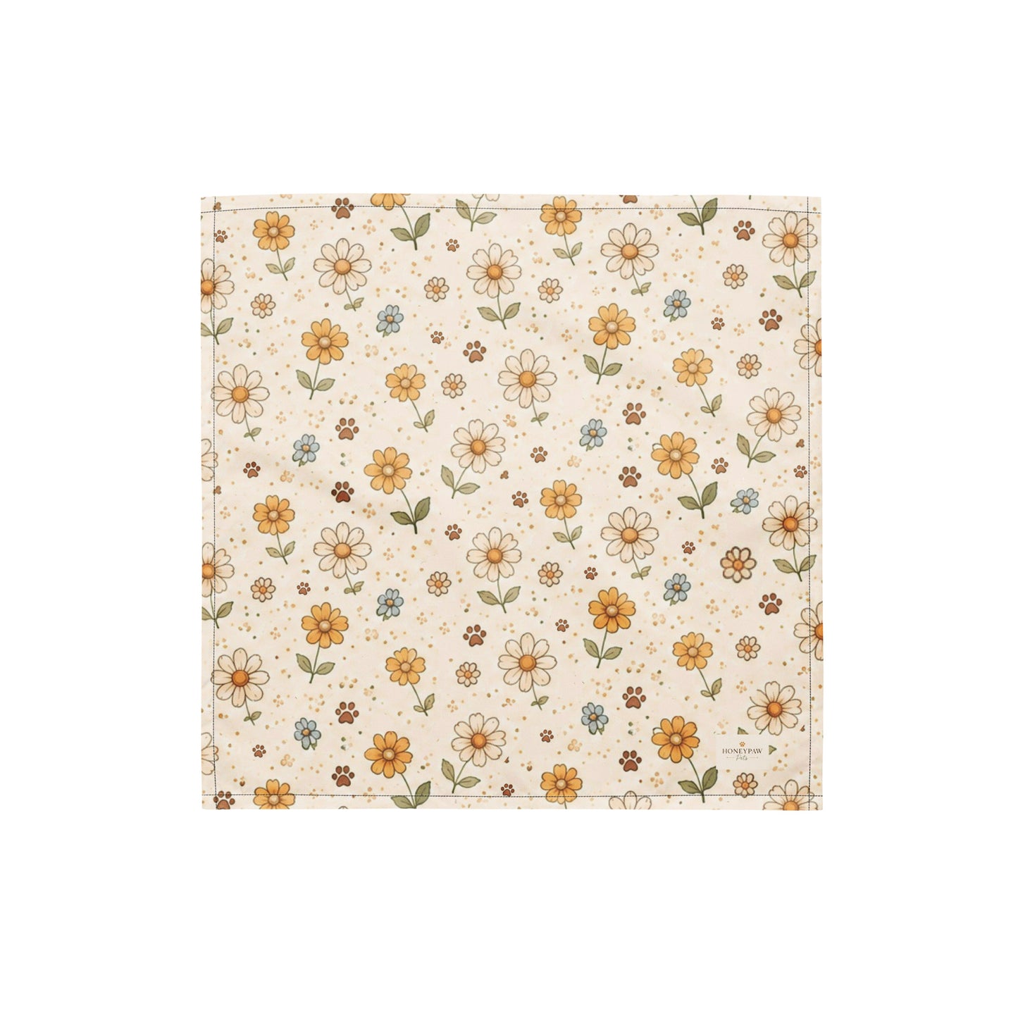 Honey Bloom dog bandana featuring a cream floral pattern in honey gold and soft sage by HoneyPaw Pets.
