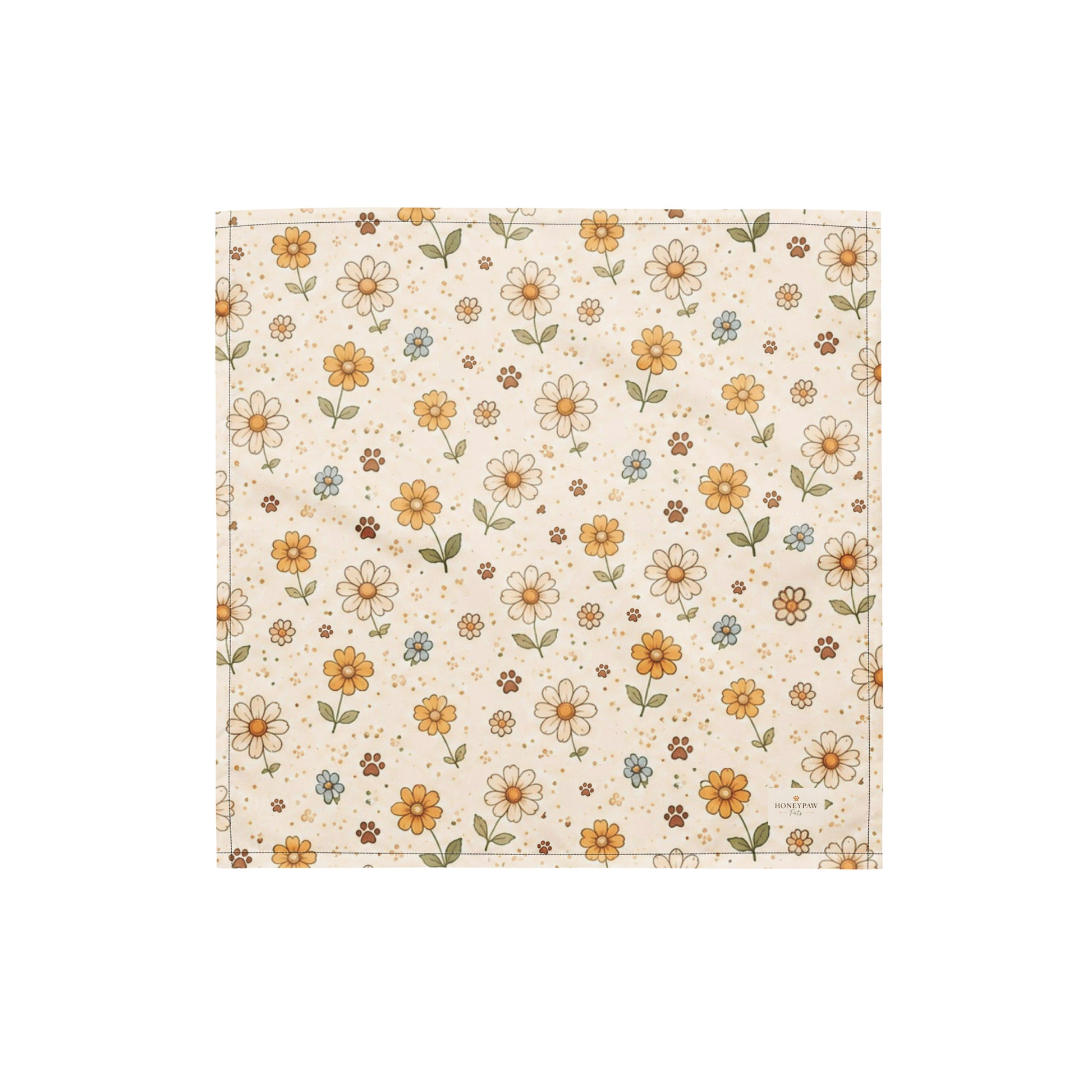 Honey Bloom dog bandana featuring a cream floral pattern in honey gold and soft sage by HoneyPaw Pets.