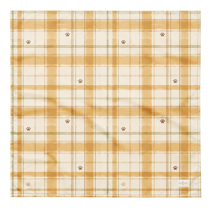 Honey Harvest dog bandana featuring a honey gold and cream plaid pattern with scattered paw prints by HoneyPaw Pets.