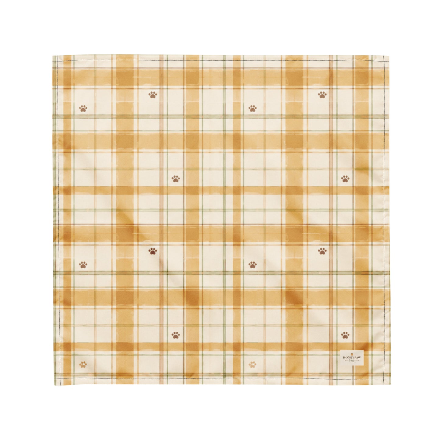 Honey Harvest dog bandana featuring a honey gold and cream plaid pattern with scattered paw prints by HoneyPaw Pets.