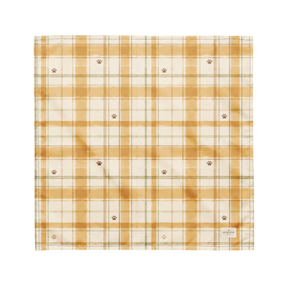 Honey Harvest dog bandana featuring a honey gold and cream plaid pattern with scattered paw prints by HoneyPaw Pets.