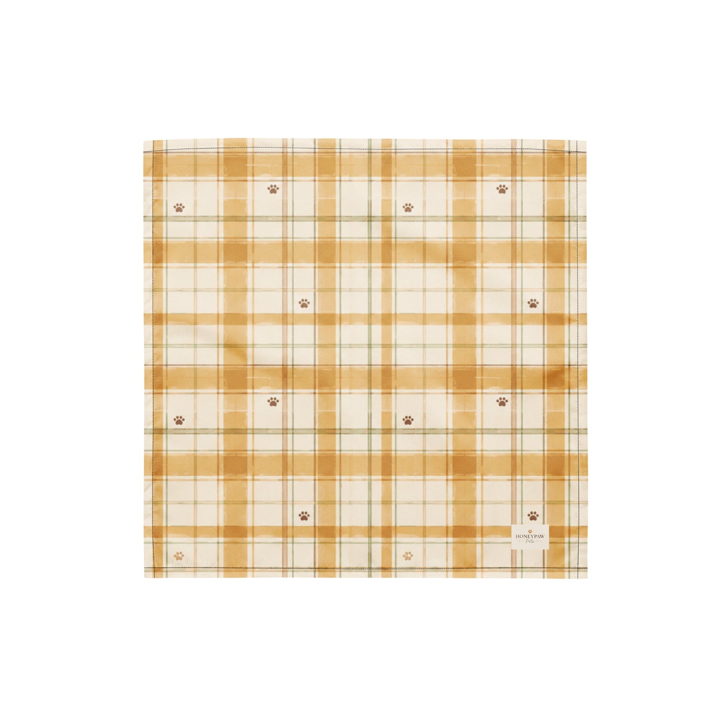 Honey Harvest dog bandana featuring a honey gold and cream plaid pattern with scattered paw prints by HoneyPaw Pets.