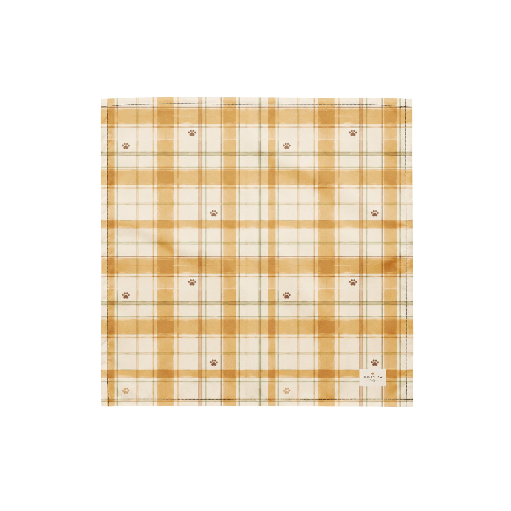 Honey Harvest dog bandana featuring a honey gold and cream plaid pattern with scattered paw prints by HoneyPaw Pets.