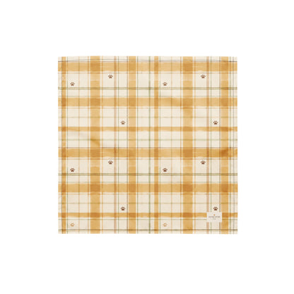 Honey Harvest dog bandana featuring a honey gold and cream plaid pattern with scattered paw prints by HoneyPaw Pets.