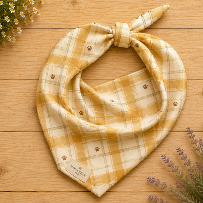 Honey Harvest dog bandana featuring a honey gold and cream plaid pattern with scattered paw prints by HoneyPaw Pets.