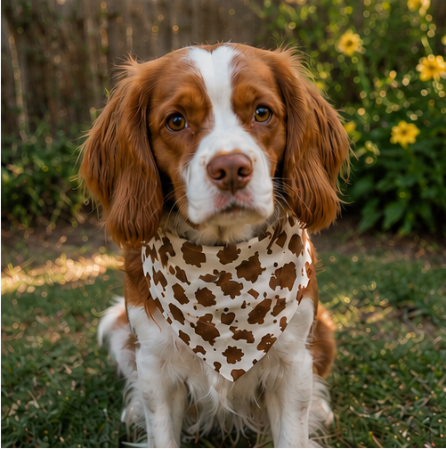 Brittany Spaniel wearing a brown and white cow print HoneyPaw Pets bandana sitting outside in a backyard in front of yellow flowers.