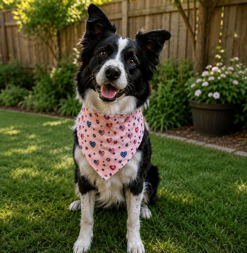 Dog wearing a pink bandana with heart patterns in a backyard setting