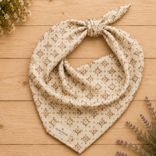 Display photo of a cream with brown design HoneyPaw Pets dog bandana on a wood background