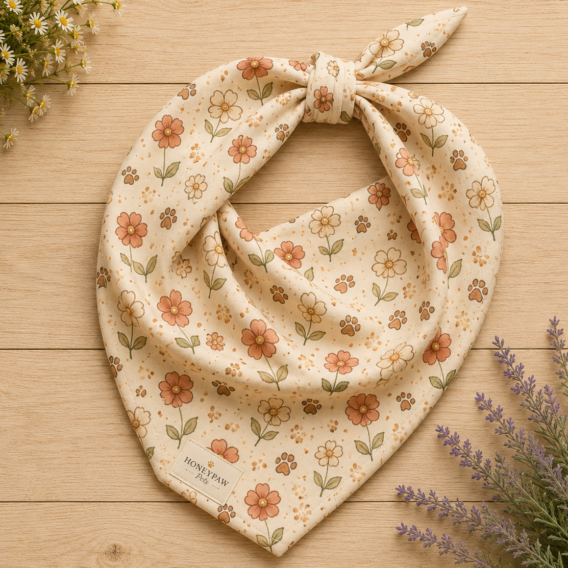 Display photo of a cream and pink floral HoneyPaw Pets dog bandana on a wood background