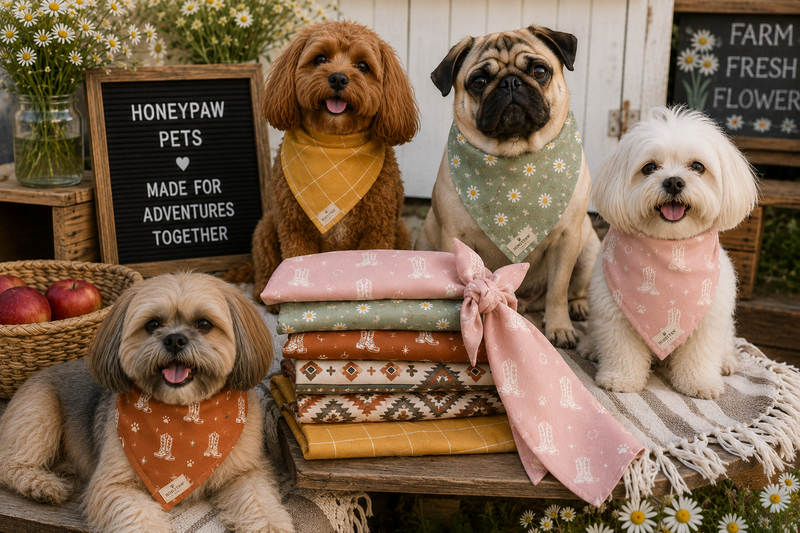 Four dogs wearing bandanas sitting on a wooden table with fabric and flowers in the background.