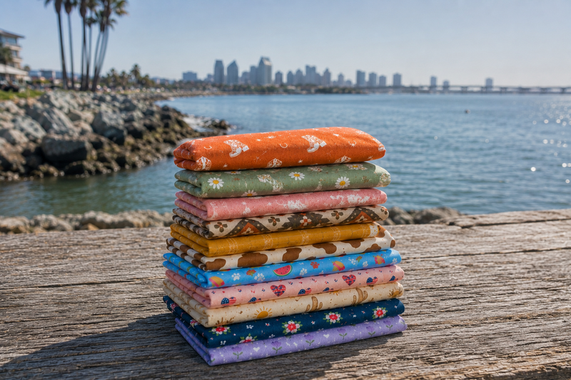 Stack of colorful fabric panels on a wooden surface with a waterfront background