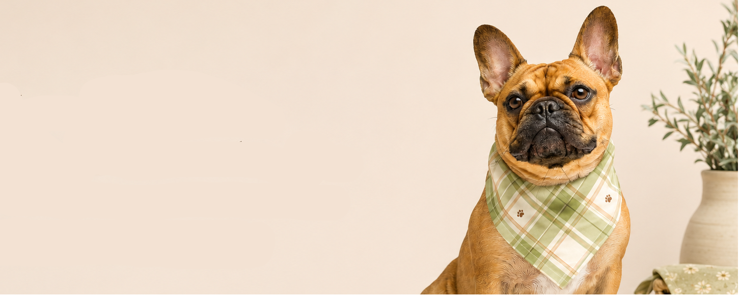 French bulldog wearing a green bandana with text about stylish bandanas on a beige background