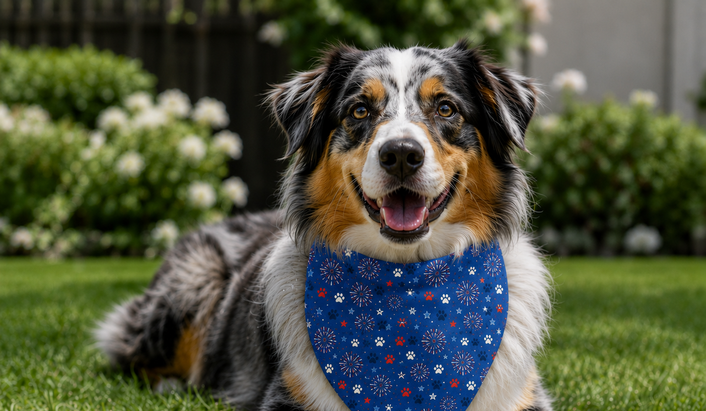 Dog wearing a blue bandana with white and red patterns on grass