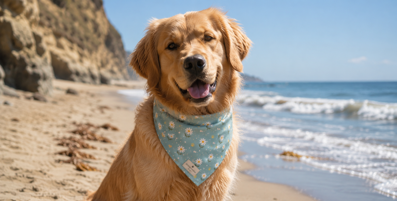 Dog wearing a light blue bandana with floral patterns on a beach.