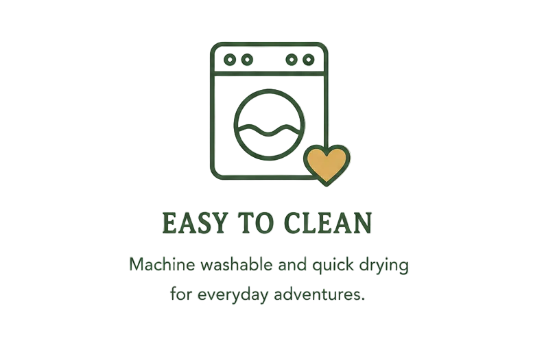 Icon of a washing machine with a heart and text 'Easy to clean' on a white background