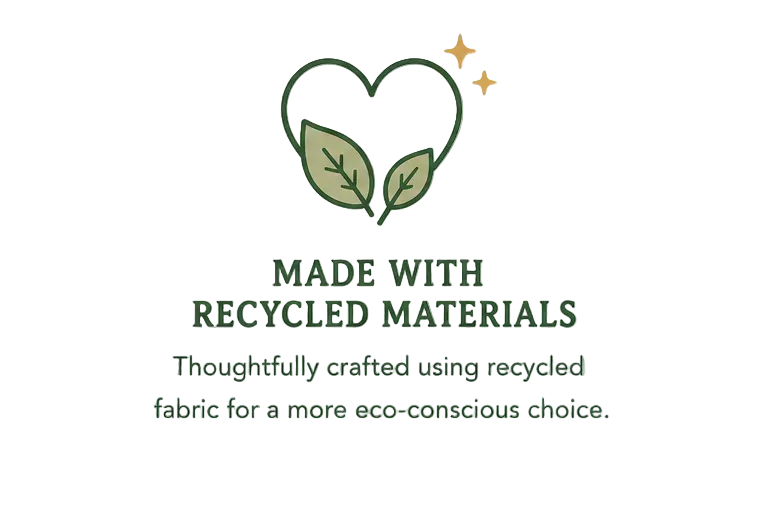 Logo with heart and leaves and text 'Made with recycled materials' on a white background