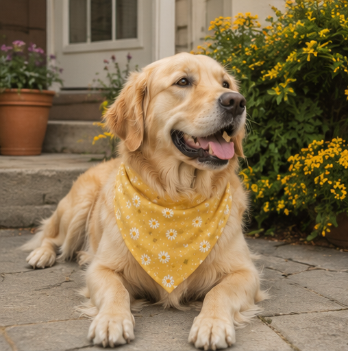 Labrador retriever wearing a yellow bandana with flowers on an outside porch