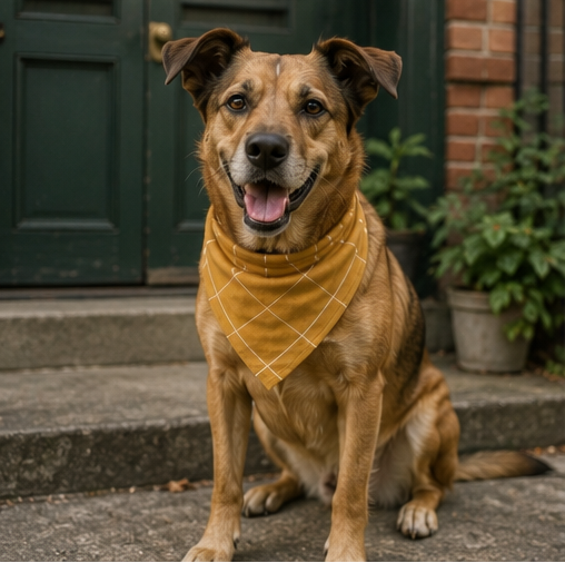 Dog wearing a mustard-colored bandana sitting on steps in front of a green door.