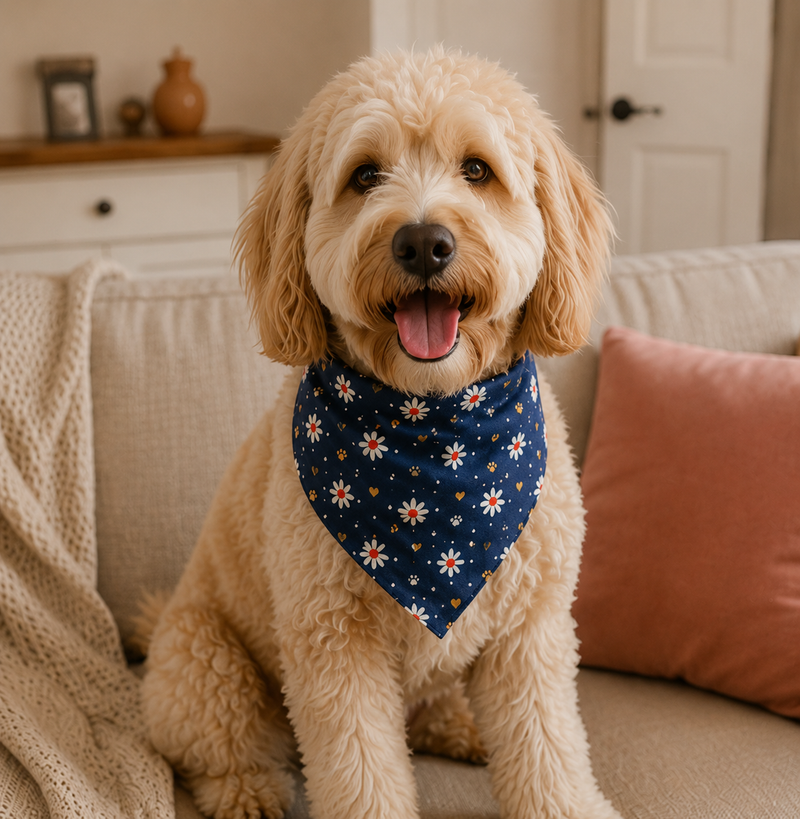 Dog wearing a blue bandana with floral pattern sitting on a couch.