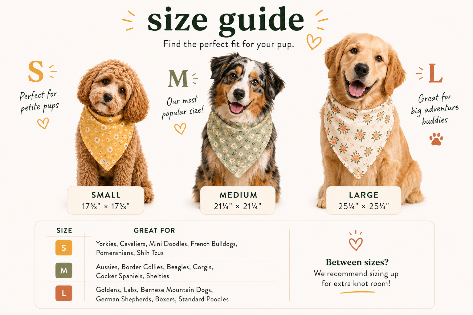 Dog bandana size guide with three dogs and corresponding measurements.