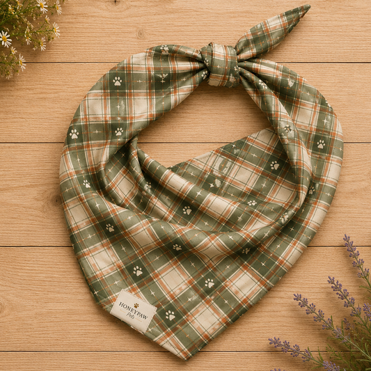 Green plaid bandana with paw prints on a wooden surface with flowers and lavender.