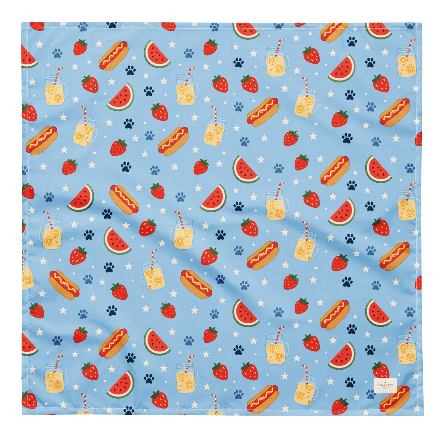Hot Dog dog bandana featuring a summer picnic pattern with hot dogs, watermelon, and strawberries on a light blue background by HoneyPaw Pets.