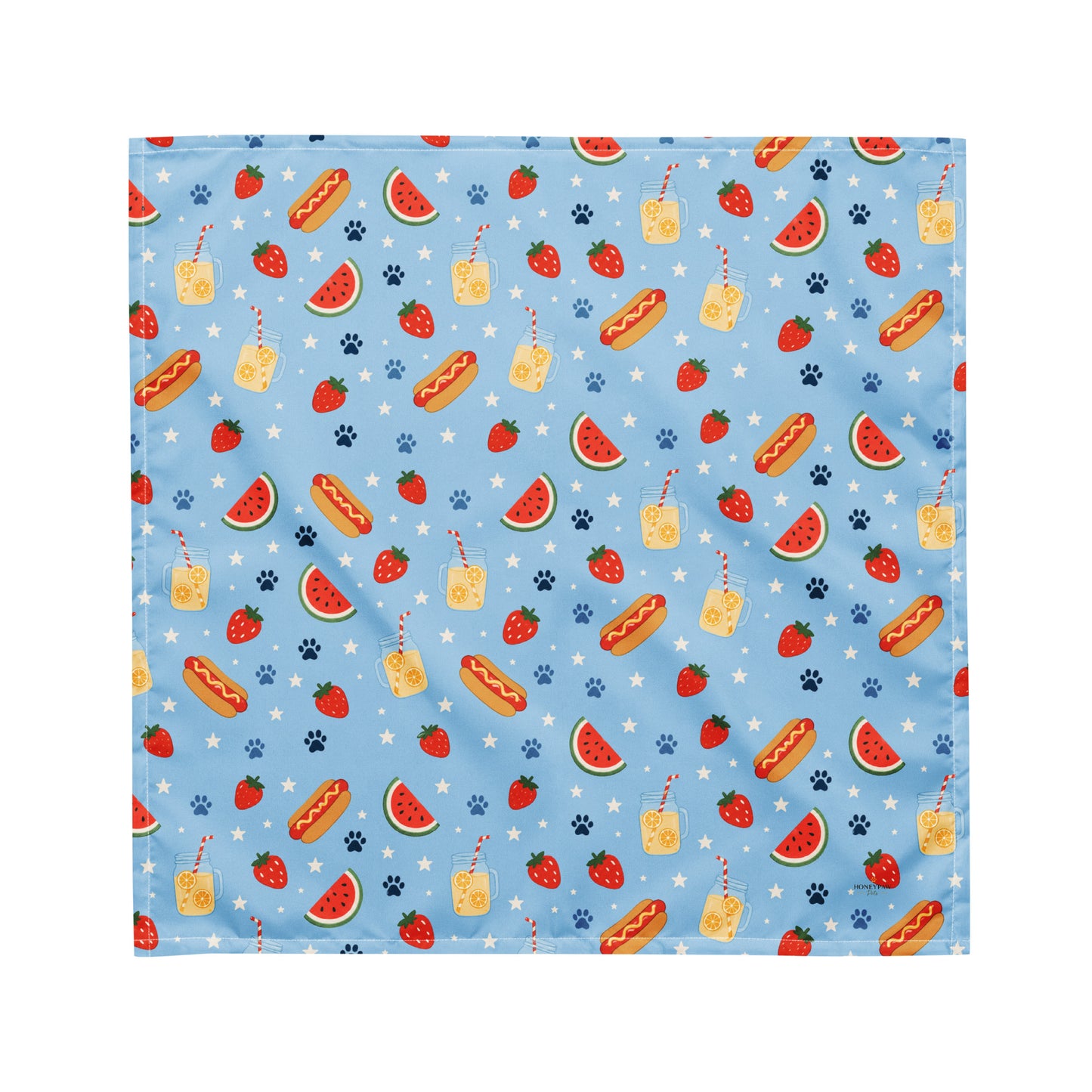 Hot Dog dog bandana featuring a summer picnic pattern with hot dogs, watermelon, and strawberries on a light blue background by HoneyPaw Pets.