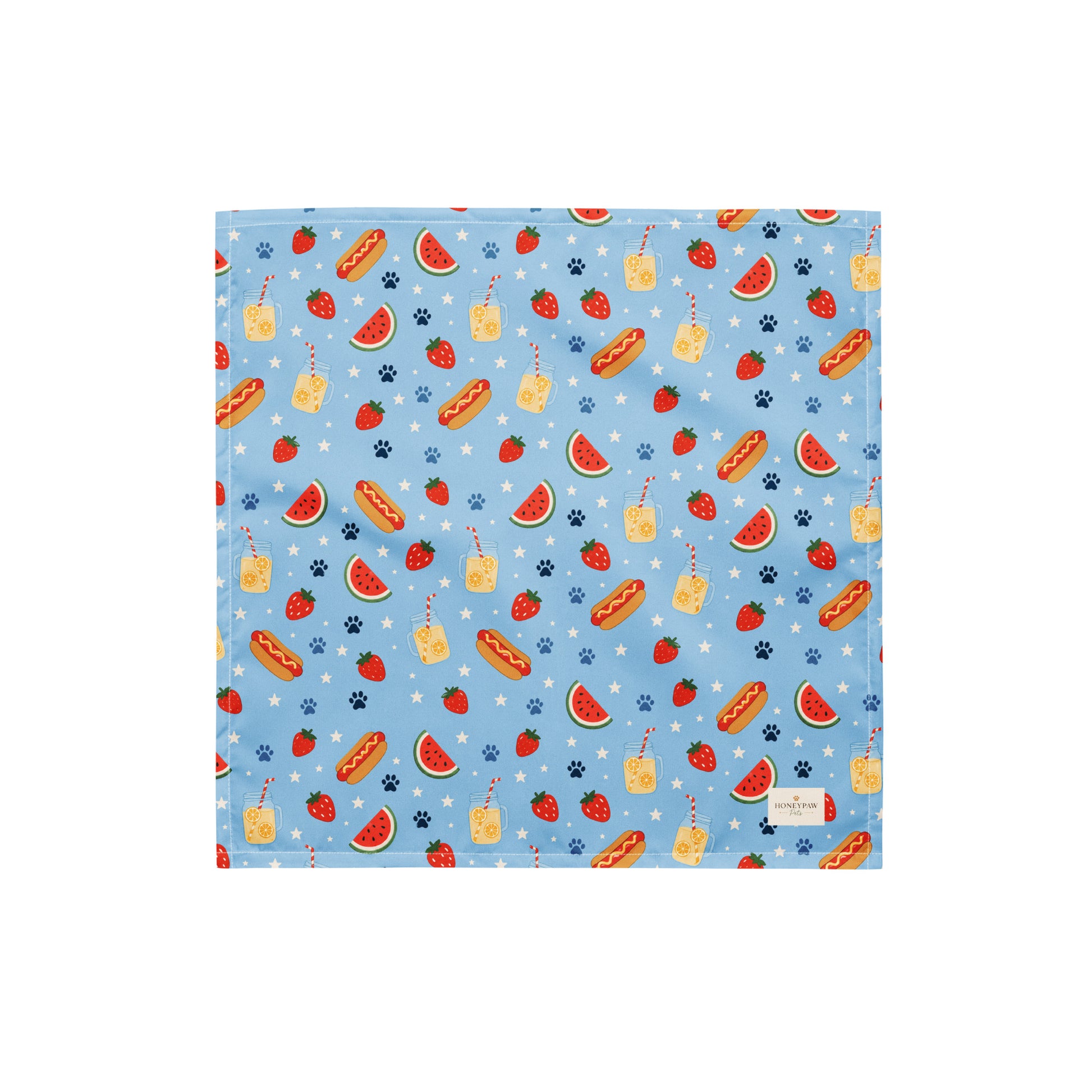 Hot Dog dog bandana featuring a summer picnic pattern with hot dogs, watermelon, and strawberries on a light blue background by HoneyPaw Pets.