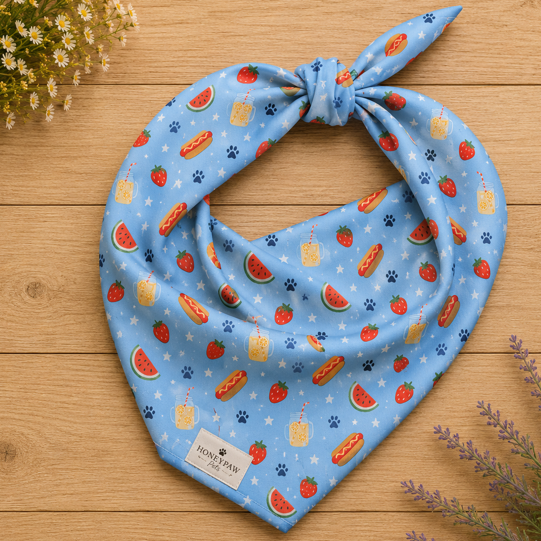 Hot Dog dog bandana featuring a summer picnic pattern with hot dogs, watermelon, and strawberries on a light blue background by HoneyPaw Pets.