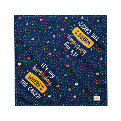 It's My Birthday birthday dog bandana featuring colorful confetti, paw prints, and the phrase "It's My Birthday, Where's the Cake?" on a navy blue background by HoneyPaw Pets
