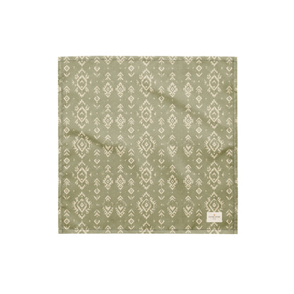 Juniper Trail dog bandana featuring a sage green background with a western-inspired geometric pattern in soft cream tones by HoneyPaw Pets.