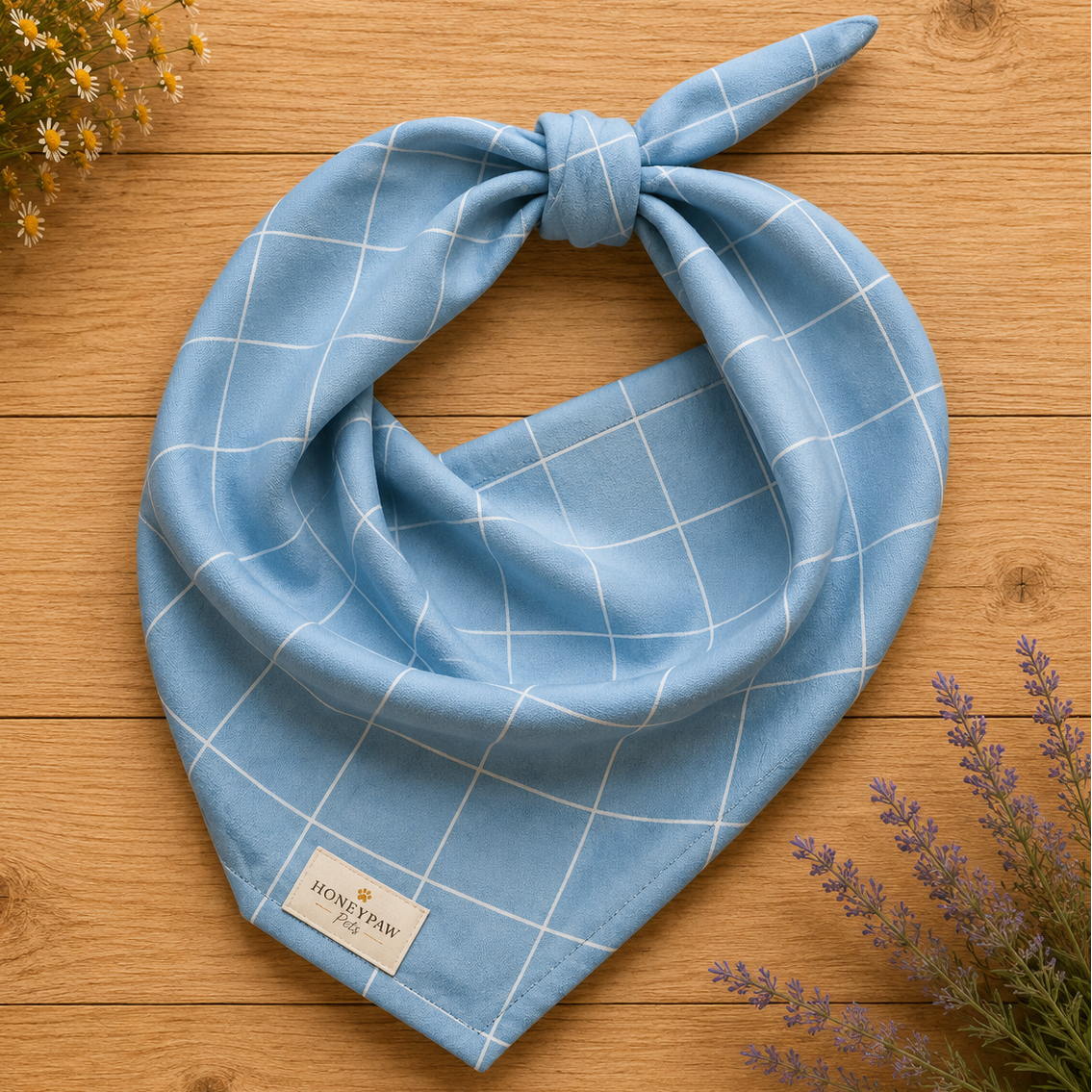 Lakeview dog bandana featuring a light blue windowpane plaid pattern by HoneyPaw Pets.