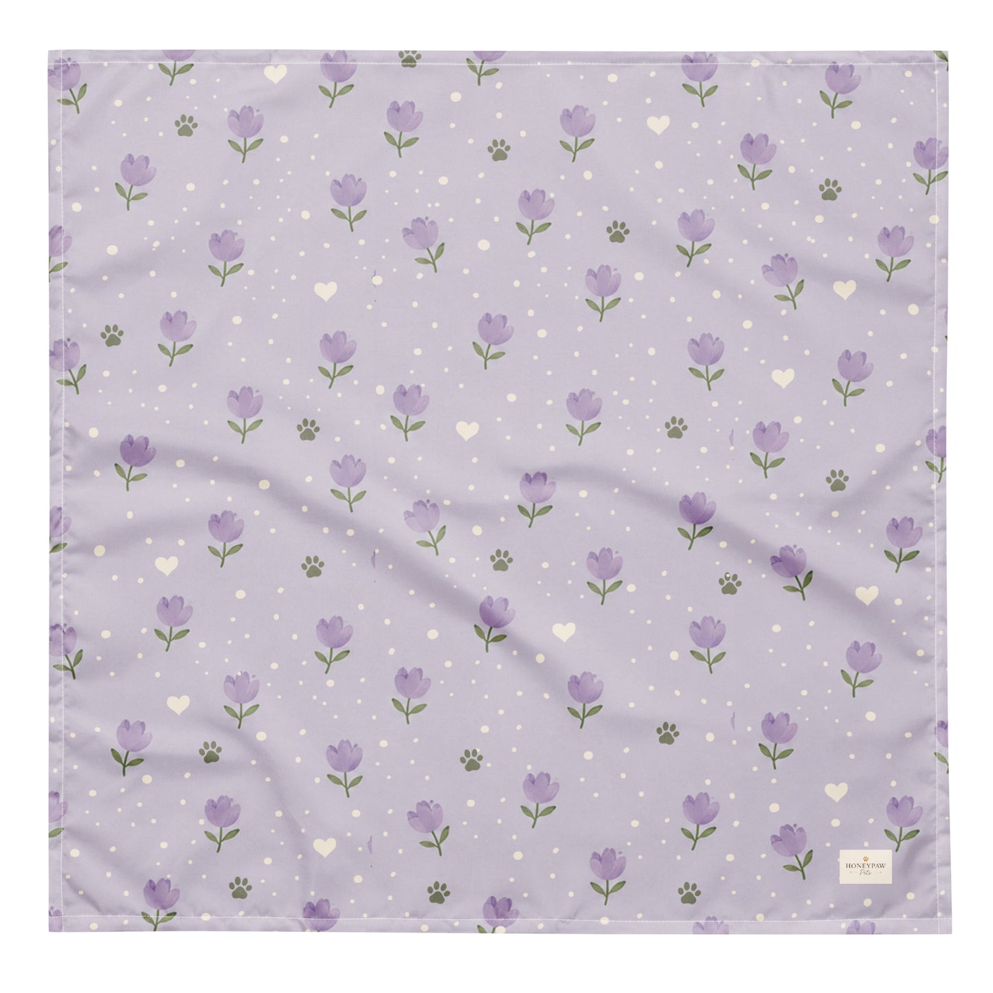 Lavendar Walks dog bandana featuring purple lavender flowers, paw prints, and white hearts on a soft lavender background by HoneyPaw Pets.
