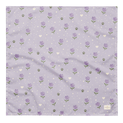 Lavendar Walks dog bandana featuring purple lavender flowers, paw prints, and white hearts on a soft lavender background by HoneyPaw Pets.