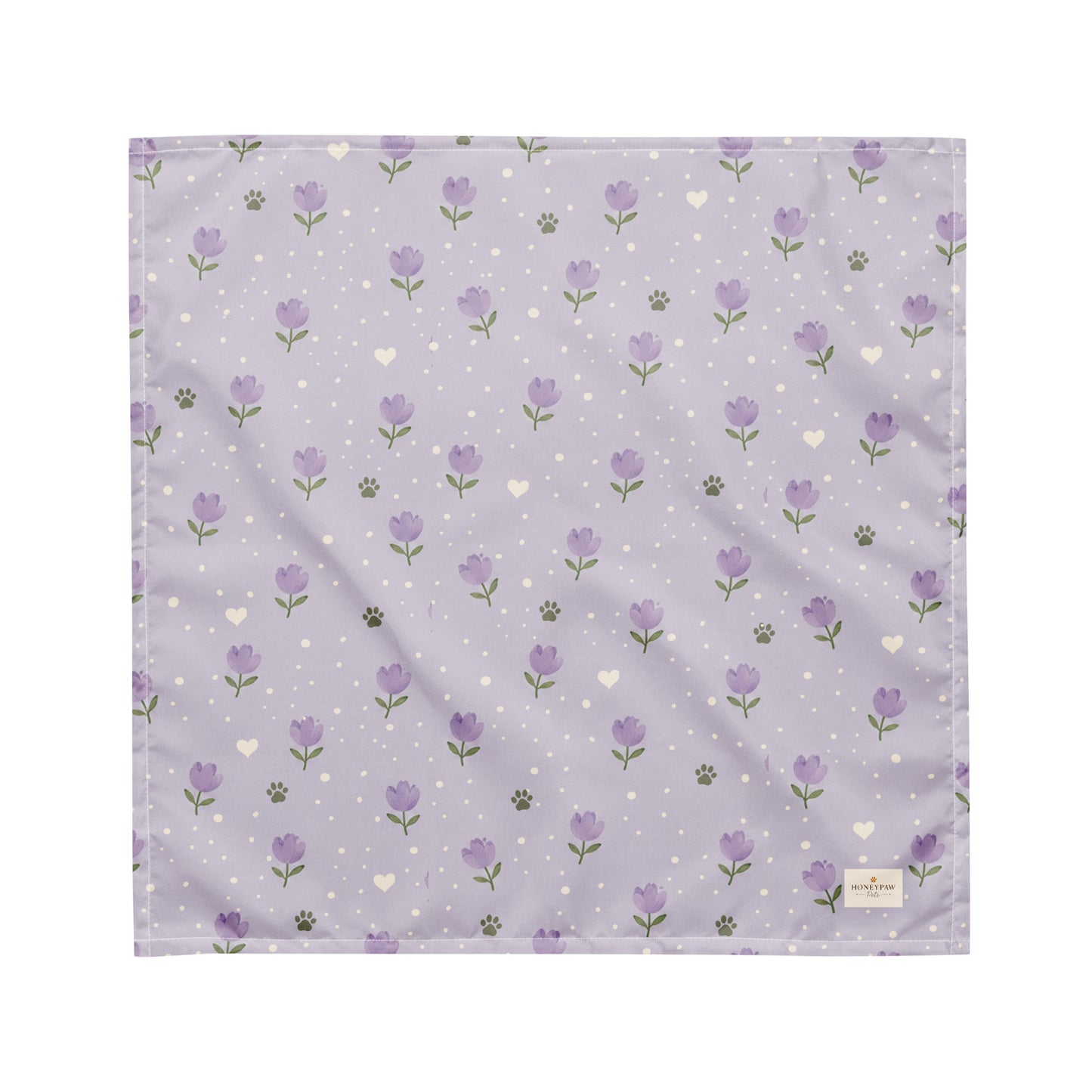Lavendar Walks dog bandana featuring purple lavender flowers, paw prints, and white hearts on a soft lavender background by HoneyPaw Pets.