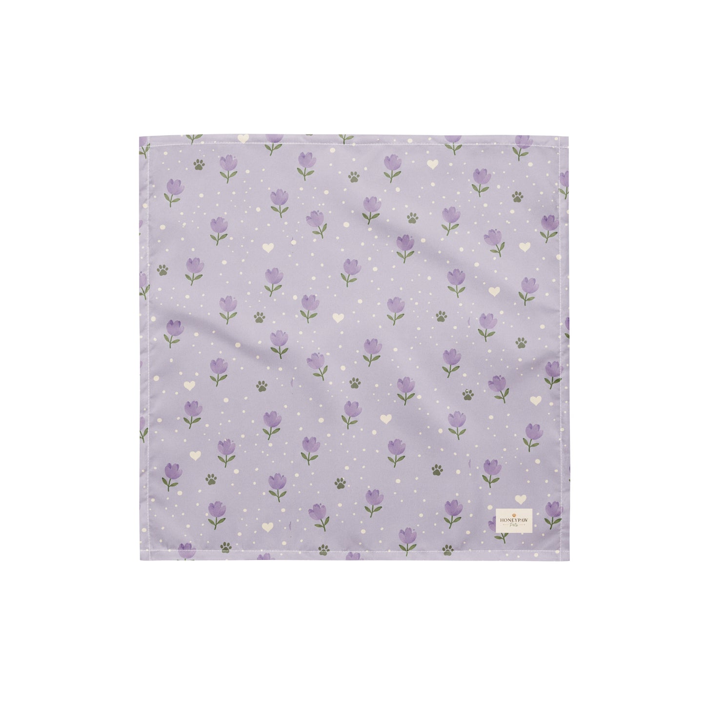 Lavendar Walks dog bandana featuring purple lavender flowers, paw prints, and white hearts on a soft lavender background by HoneyPaw Pets.