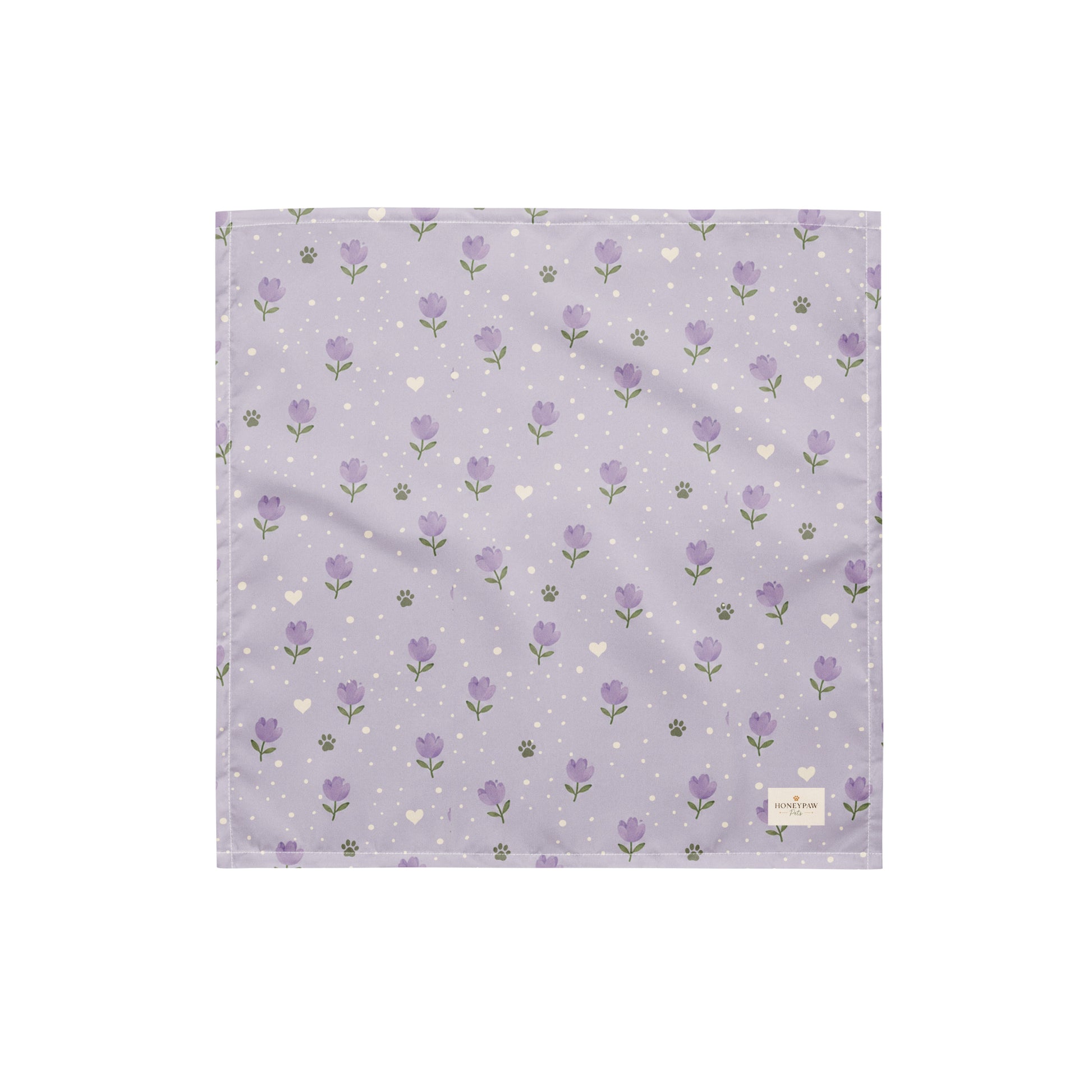 Lavendar Walks dog bandana featuring purple lavender flowers, paw prints, and white hearts on a soft lavender background by HoneyPaw Pets.