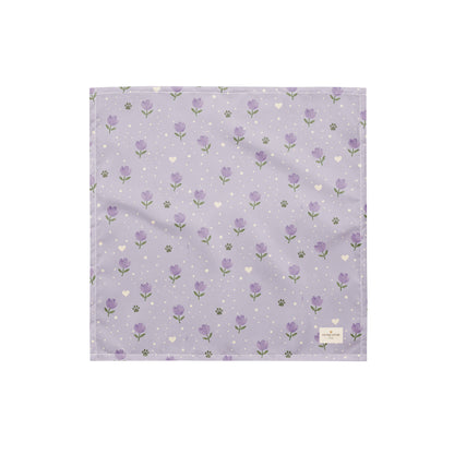Lavendar Walks dog bandana featuring purple lavender flowers, paw prints, and white hearts on a soft lavender background by HoneyPaw Pets.