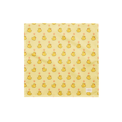 Lucky Duck dog bandana featuring rubber ducks and paw prints on a yellow background by HoneyPaw Pets