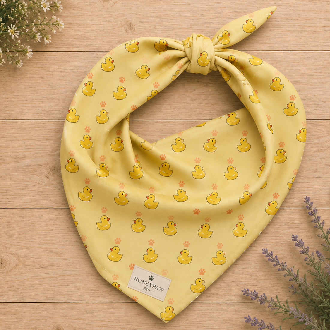 Lucky Duck dog bandana featuring rubber ducks and paw prints on a yellow background by HoneyPaw Pets