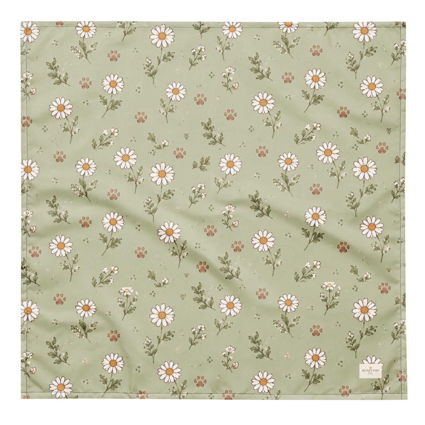 Morning Meadow dog bandana featuring a soft sage green background with white daisy flowers and delicate wildflower accents by HoneyPaw Pets.