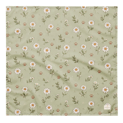 Morning Meadow dog bandana featuring a soft sage green background with white daisy flowers and delicate wildflower accents by HoneyPaw Pets.