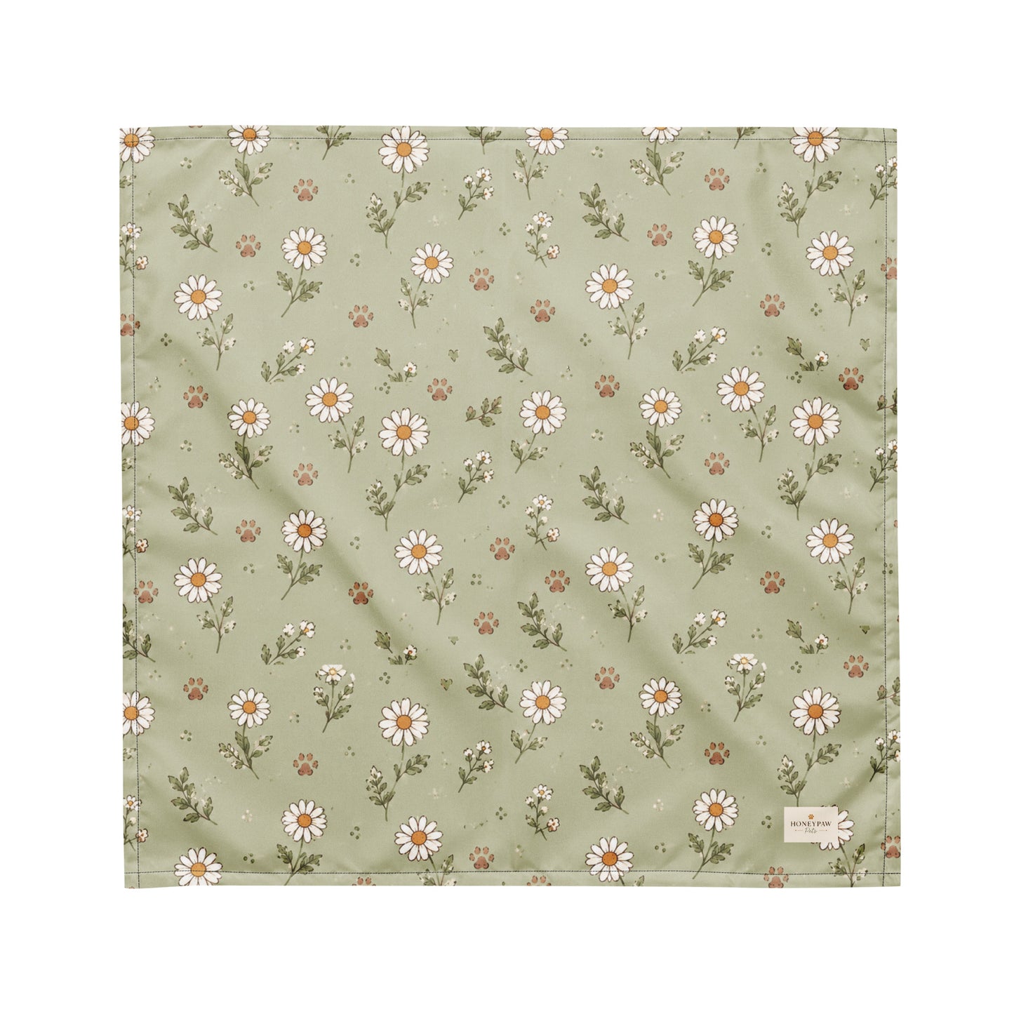 Morning Meadow dog bandana featuring a soft sage green background with white daisy flowers and delicate wildflower accents by HoneyPaw Pets.