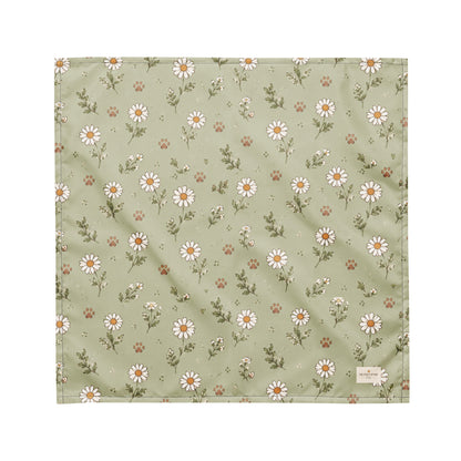 Morning Meadow dog bandana featuring a soft sage green background with white daisy flowers and delicate wildflower accents by HoneyPaw Pets.