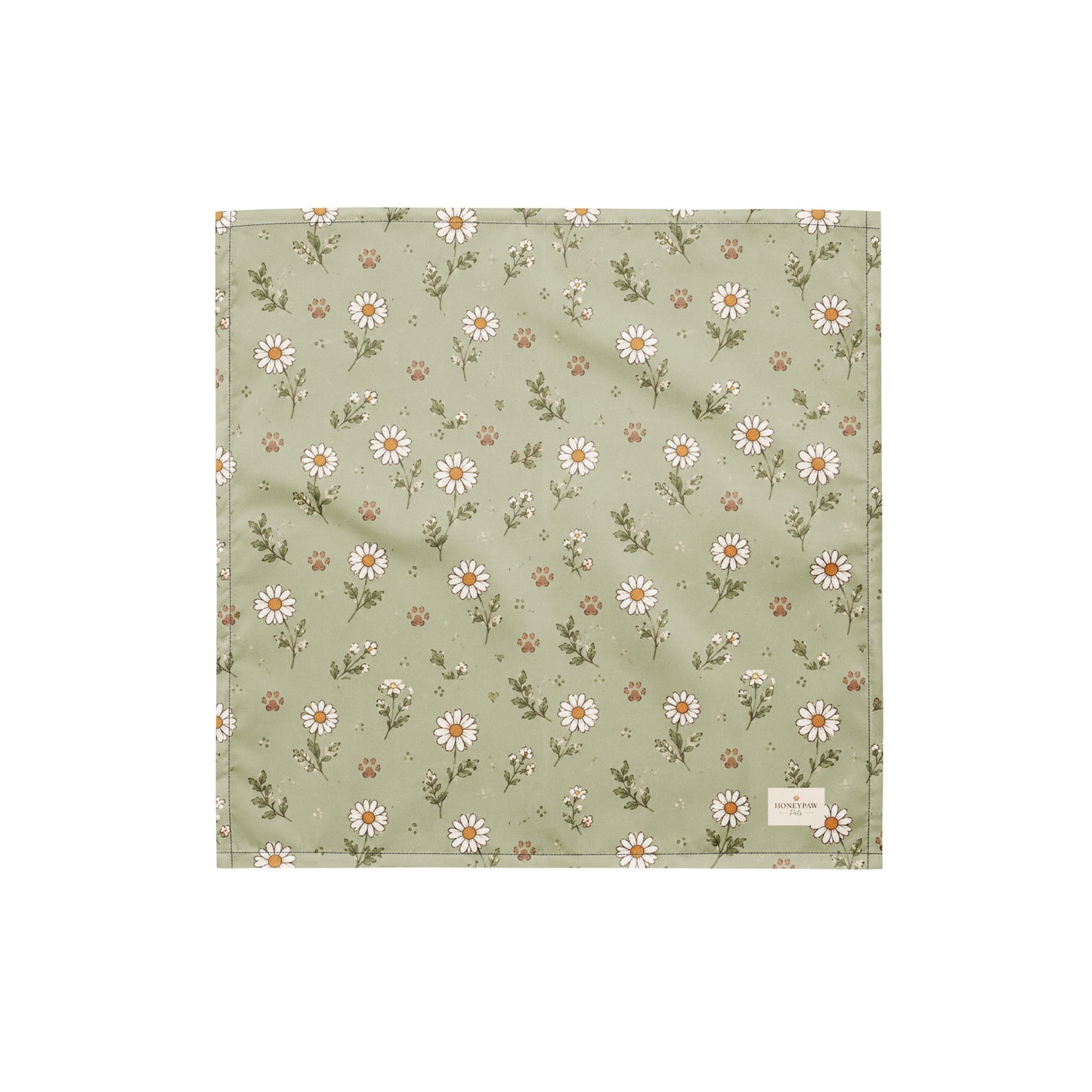 Morning Meadow dog bandana featuring a soft sage green background with white daisy flowers and delicate wildflower accents by HoneyPaw Pets.