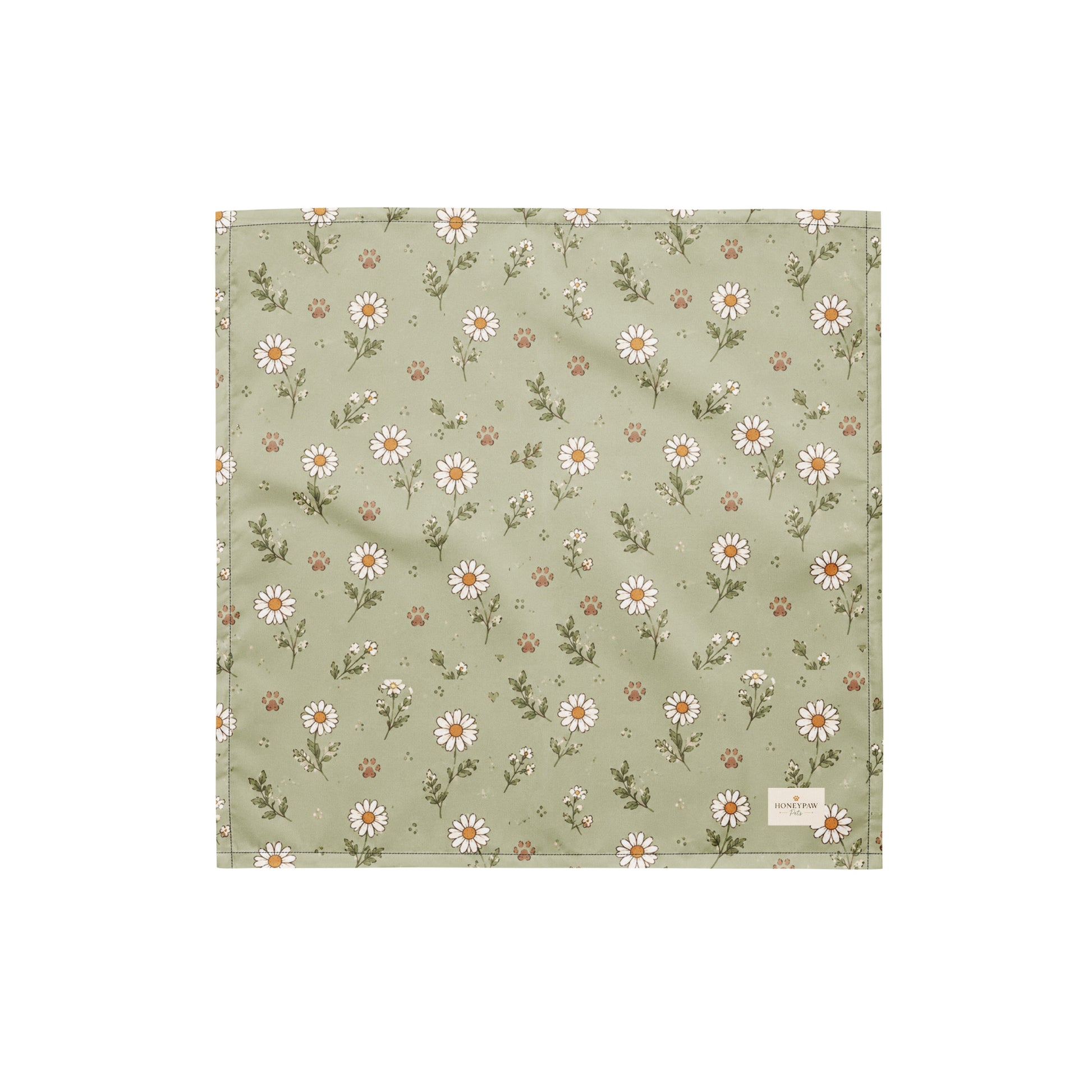 Morning Meadow dog bandana featuring a soft sage green background with white daisy flowers and delicate wildflower accents by HoneyPaw Pets.